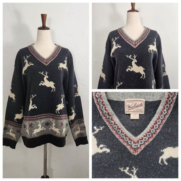 Vintage Woolrich Fair Isle Deer Stag Cabincore Alpine Grey Wool Patterned Cozy M - Picture 1 of 8